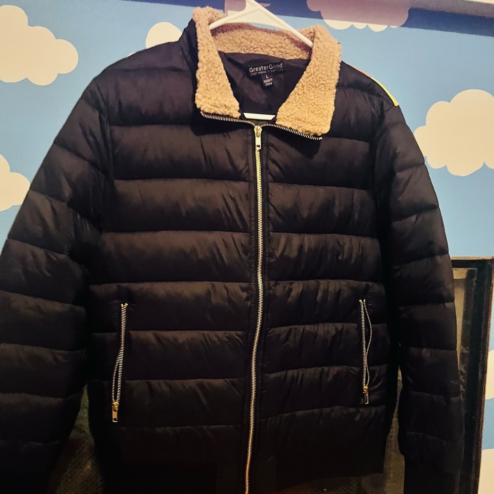 Vintage Style Zip Up Puffer Coat with Sherpa Collar and Sun Rainbow